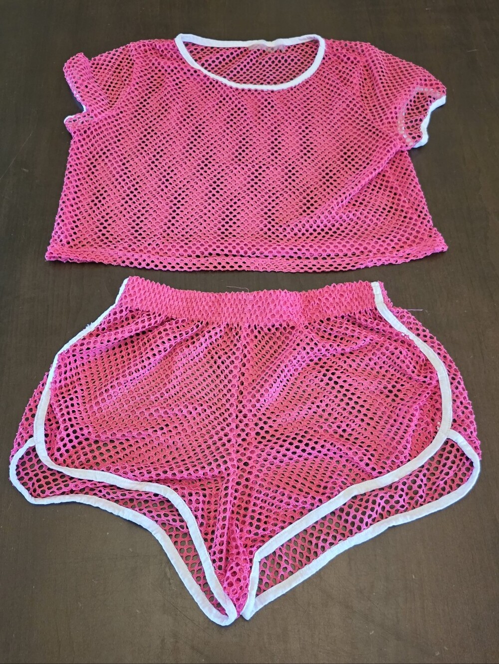 Neon Pink Mesh Crop Top & Shorts Set with White Trim